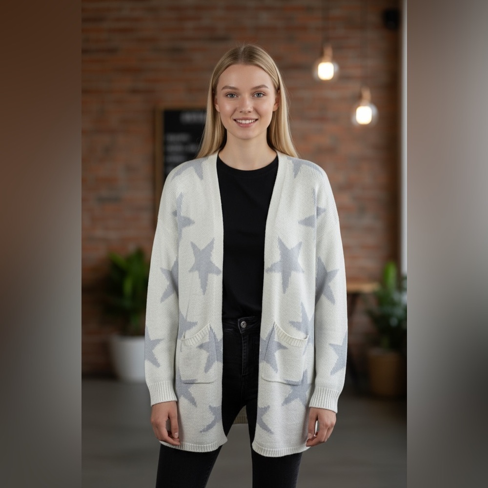 Altar’d State Cream Gray Star Print Open Front Cardigan Sweater Size Medium